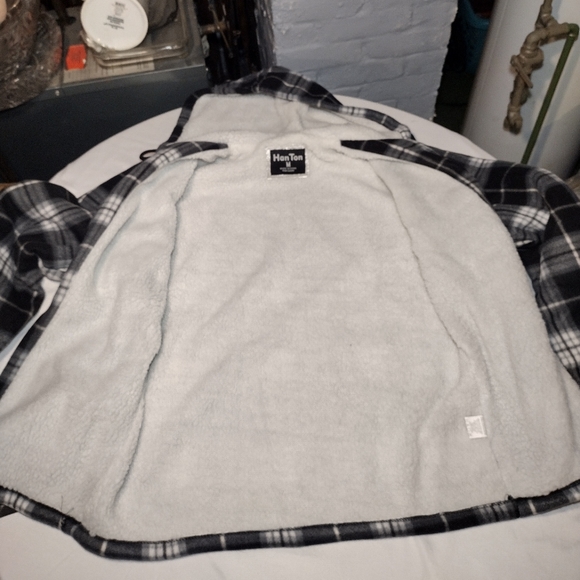 Hanton Black and White Plaid Fleece Sherpa Lined Zippered Hooded Jacket - Picture 5 of 12